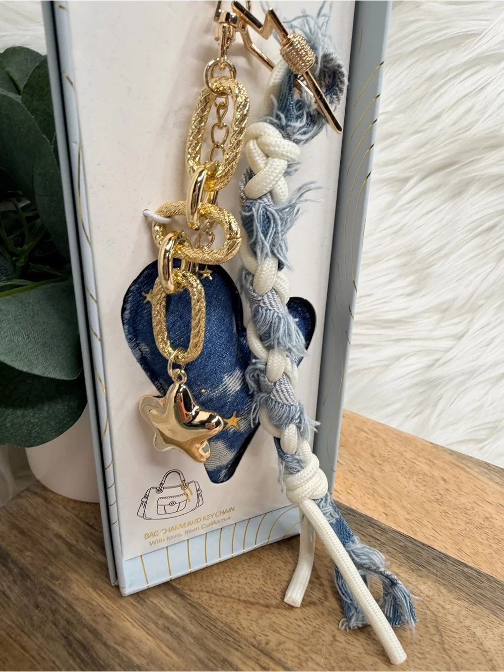 eye candy Blue & Gold Braided Heart Keychain Card Holder Charm
